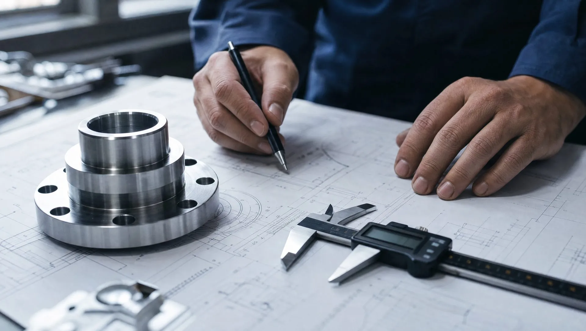 Hands reviewing engineering drawings beside a machined steel part